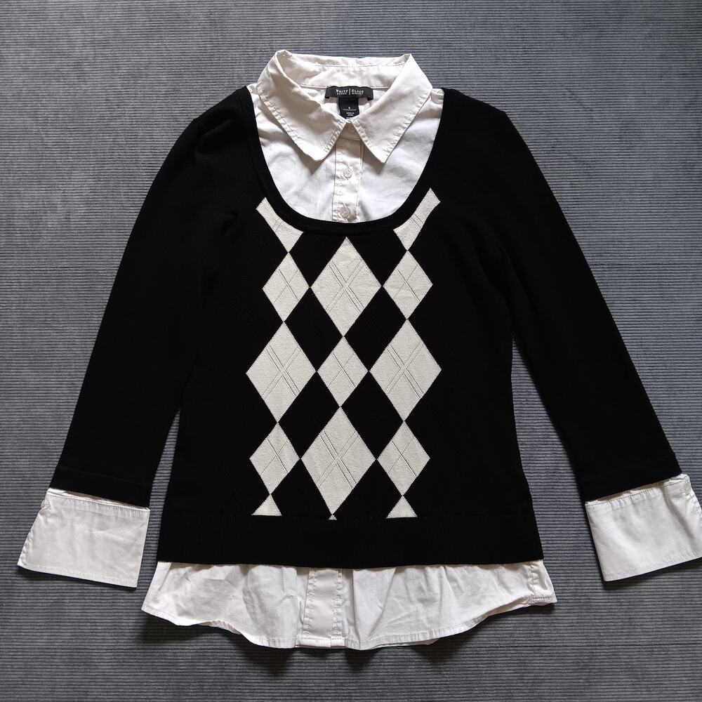White House Black Market Argyle Sweater Layered Medium Black White Cute